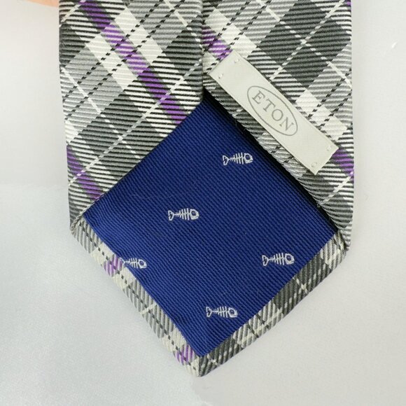 ETON 100% Silk Plaid Gray Purple Tie W3” x L58” - Picture 3 of 5